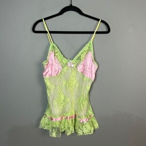 Y2K Lace Cami Medium Claire Pettibone Lime Green Pink Top Colorful Fairy